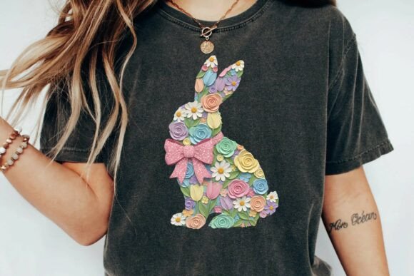Spring Floral Easter Bunny with Glittery Pink Bow PNG